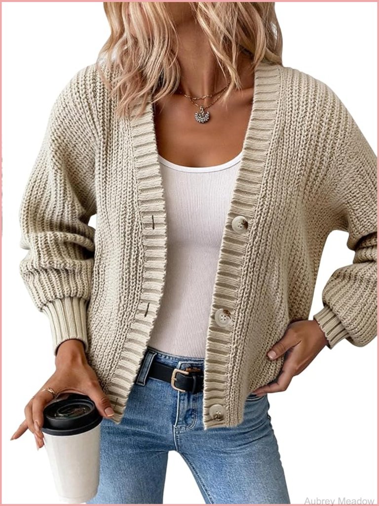 Chunky Waffle Knit Cardigan Oversized Button Down V Neck Sweater